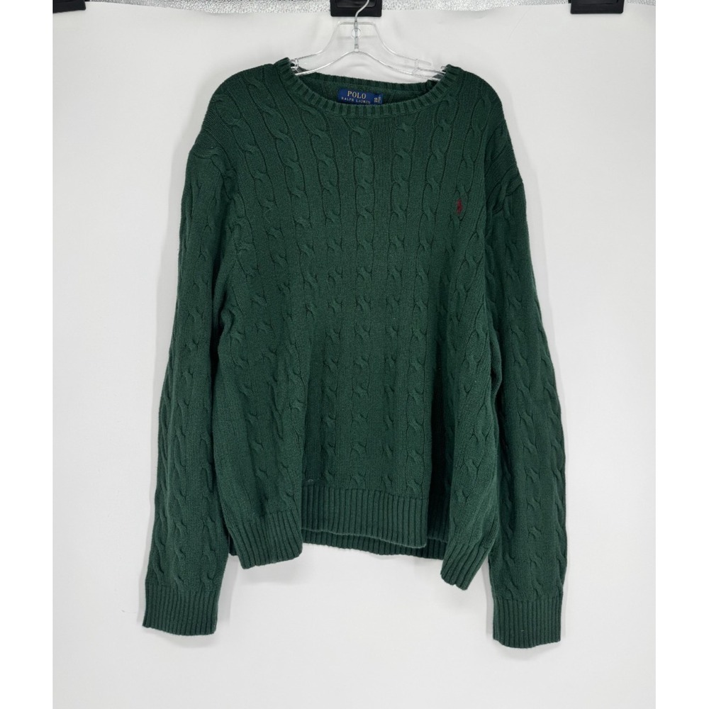 Polo Ralph Lauren Sweater Mens 2XL XXL Hunter Green Cable Knit Crewneck Pullover